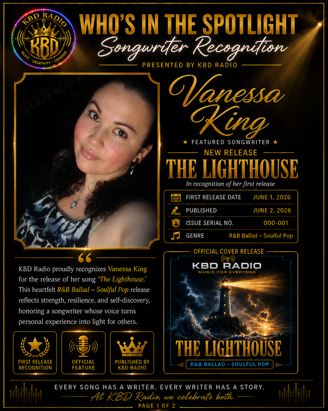 Who's In The Spotlight — Songwriter Recognition, Vanessa King (Page 1 of 2)